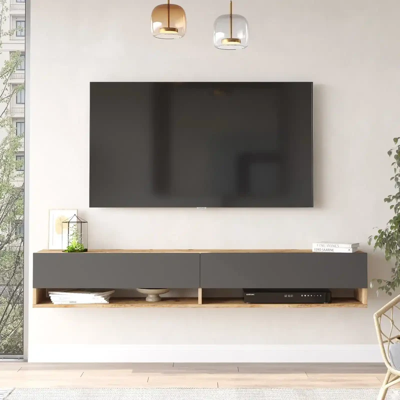 Meuble TV Suspendu Fable 180 cm - Gris et Bois