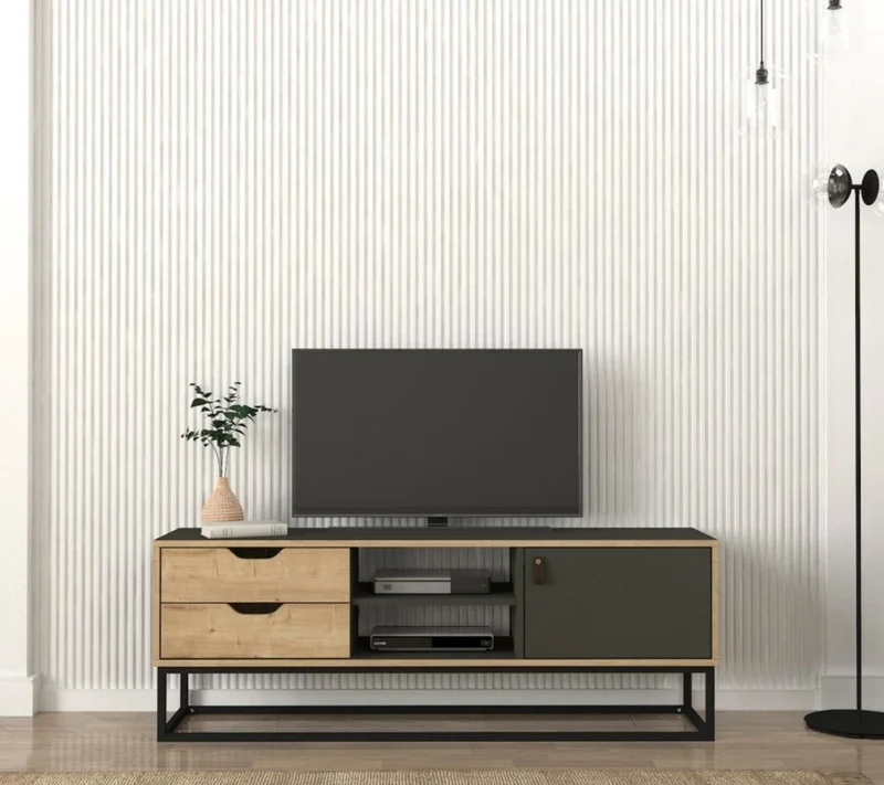 Meuble TV Atlanta 150 cm - Chêne et Acier Noir