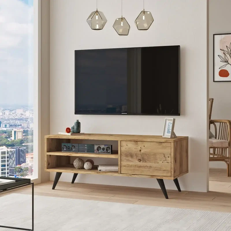 Meuble TV HALCYON en Bois Clair avec Pieds Bois - Design Scandinave - Rangement Fonctionnel