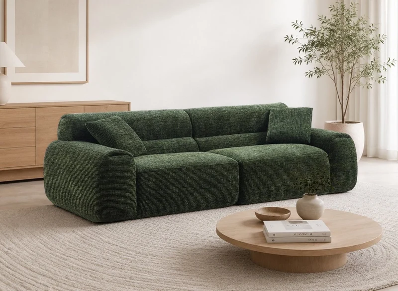 Canapé droit 3 places en velours texturé vert olive TAYLOR