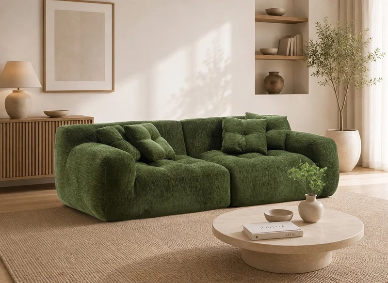 Canapé droit 3 places en velours texturé vert olive TANINA