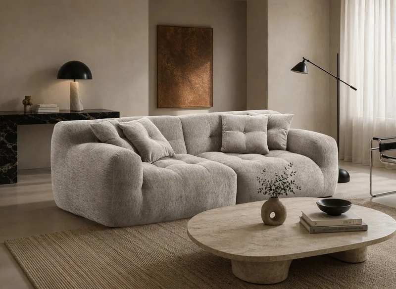 Canapé droit 3 places en velours texturé taupe TANINA