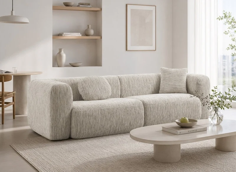 Canapé droit 3 places en velours texturé beige SAMANTHA