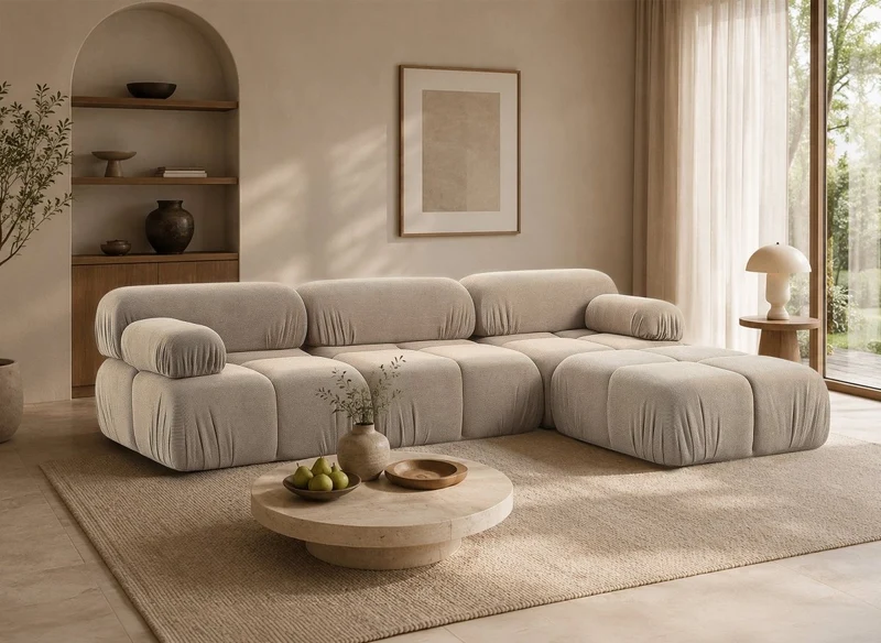 Canapé droit 3 places + pouf en velours texturé taupe SABRINA