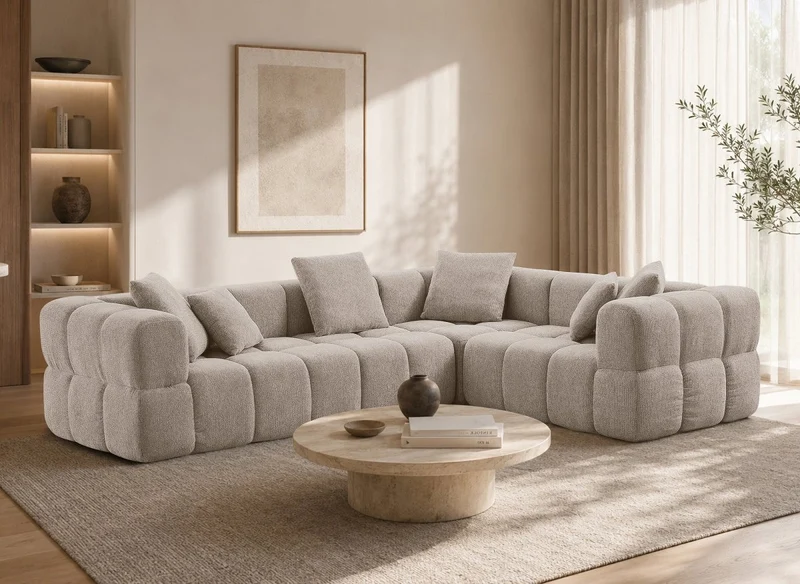 Canapé d'angle en velours texturé beige REBECCA