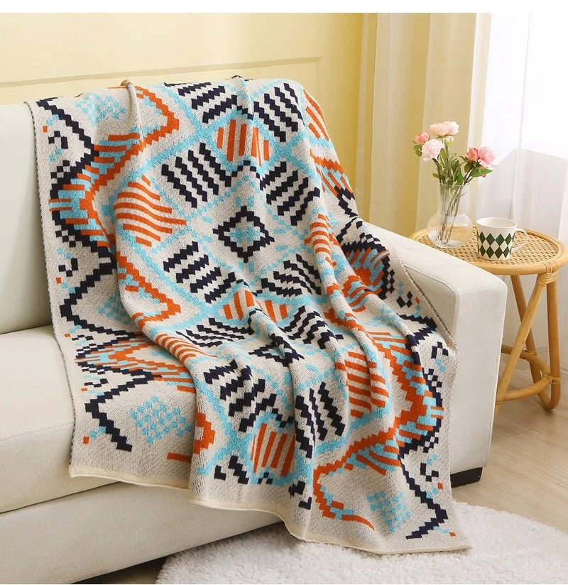 Plaid beige à motifs aztèques bleus et orange 130 x 180 cm NORDIK