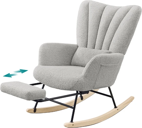 Fauteuil à bascule ergonomique avec repose-pieds ajustable 92-126,5 x 71,5 x 92 cm en bois d'hévéa gris tourterelle 12_0013118