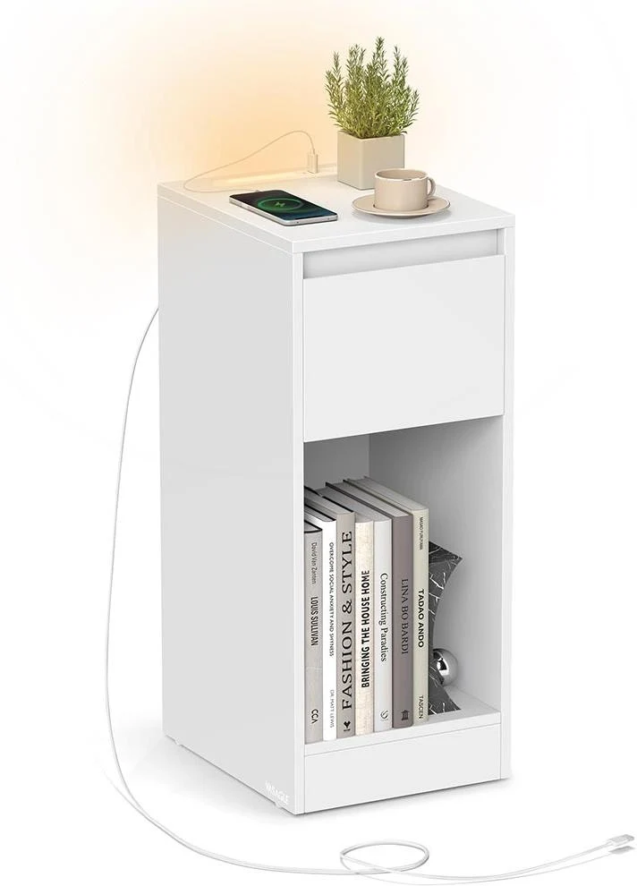 Table d'appoint étroite avec tiroir et éclairage LED 30 x 25 x 59,5 cm pour chambre salon en aggloméré jaune amande 12_0012868