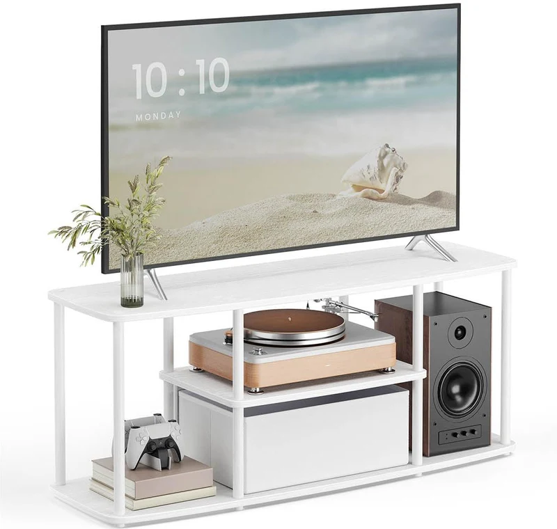 Meuble TV buffet bas pour téléviseurs jusqu'à 50 pouces 110 x 35 x 46 cm avec étagères style moderne en aggloméré blanc neige 12_0012853