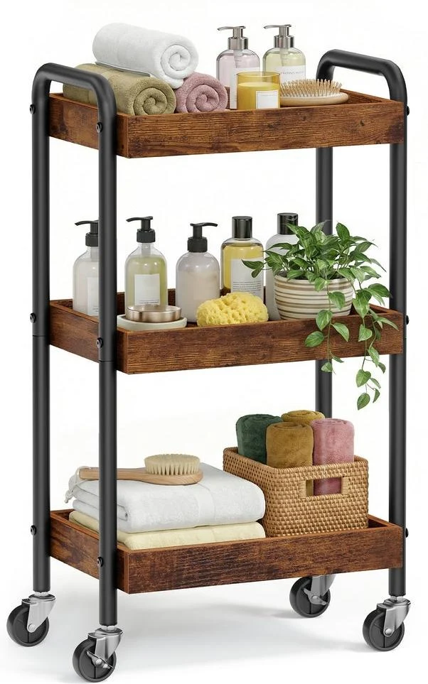Chariot de rangement à roulettes étagère cuisine 27,5 x 41,3 x 73 cm pratique design rustique en acier marron 12_0013184