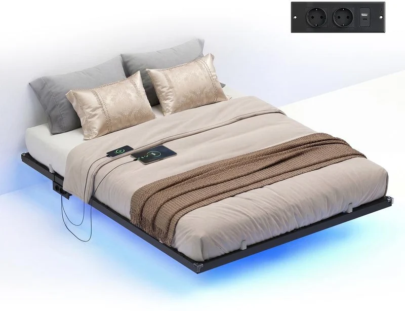 Lit flottant 90 x 190 cm avec éclairage LED fonctionnel et stations de charge moderne en acier noir 12_0012875