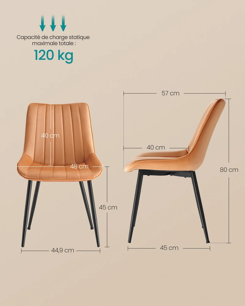 Lot de 2 chaises de salle à manger ergonomiques confortables 57 x 48 x 80 cm en acier marron caramel 12_0012822