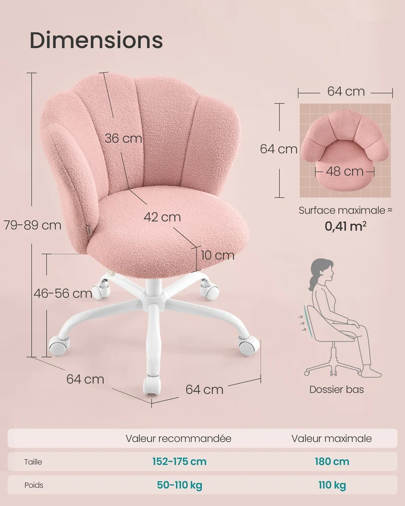 Chaise de bureau rembourrée réglable hauteur 64 x 64 x 79-89 cm confort assise ergonomique design moderne en tissu rose bonbon 12_0012715