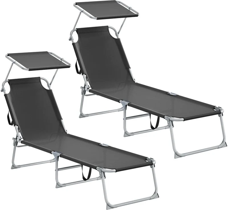 Chaise longue pliante transat extérieur réglable dossier et pare-soleil 189 x 53 x 28,5 cm en plastique noir 12_0012088