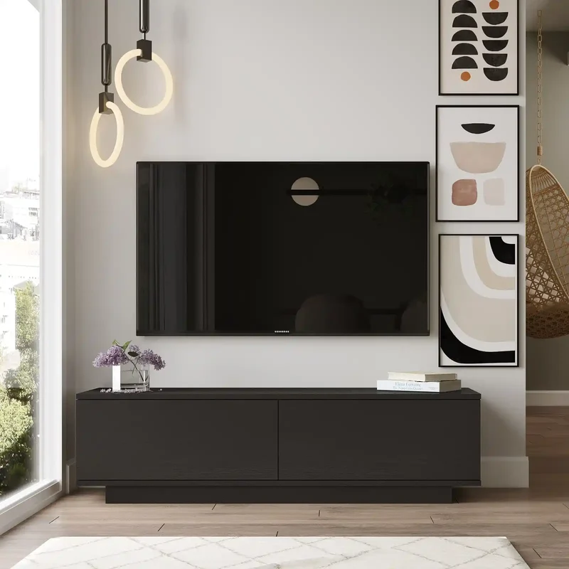 Meuble TV CELESTE Noir 140 cm - Design Moderne en Bois - Rangement Pratique