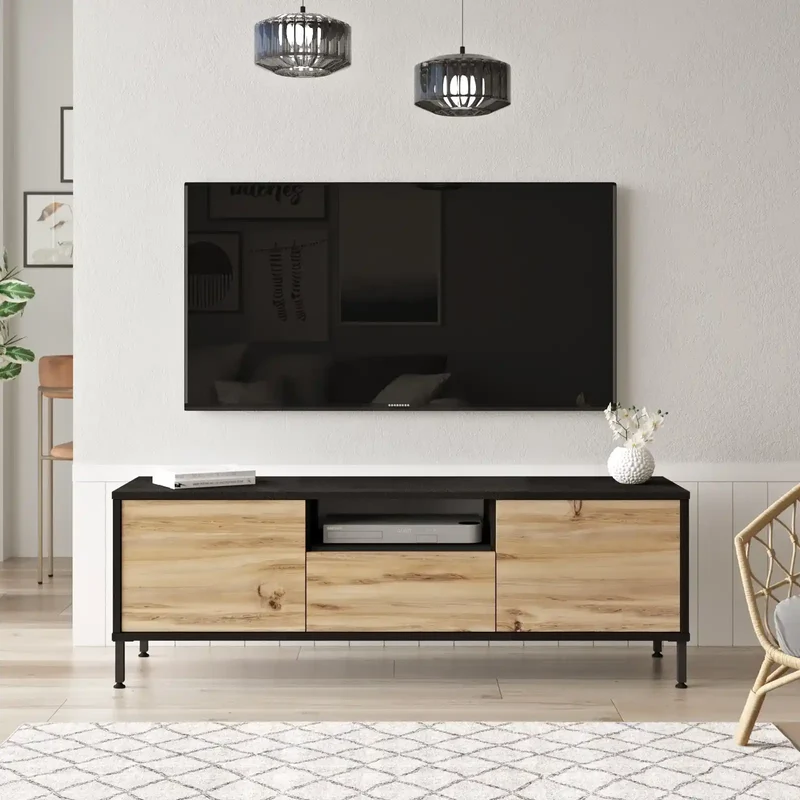 Meuble TV Focus en bois clair et noir - Design industriel avec pieds en acier - Rangement pratique et moderne