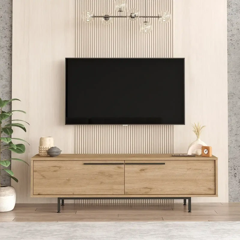 Meuble TV Aurora – Bois Clair & Acier Noir | Rangement Moderne | Design Scandinave