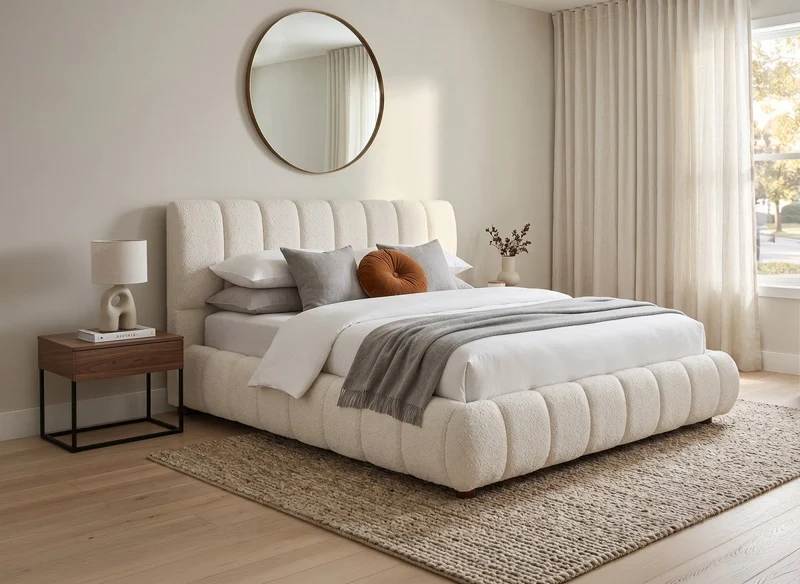 Lit coffre en tissu bouclette beige 160x200 cm RILEY