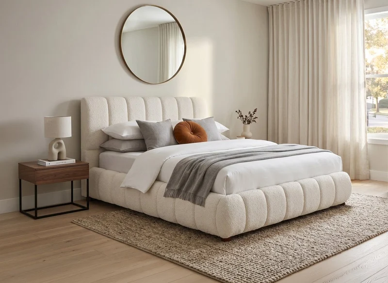 Lit coffre en tissu bouclette beige 140x190 cm RILEY
