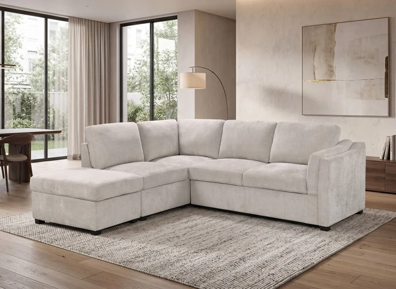 Canapé convertible avec coffre en velours chiné beige BARNEY - Angle gauche