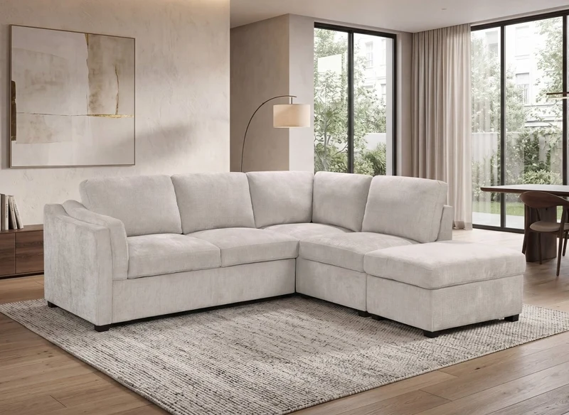 Canapé convertible avec coffre en velours chiné beige BARNEY - Angle droit