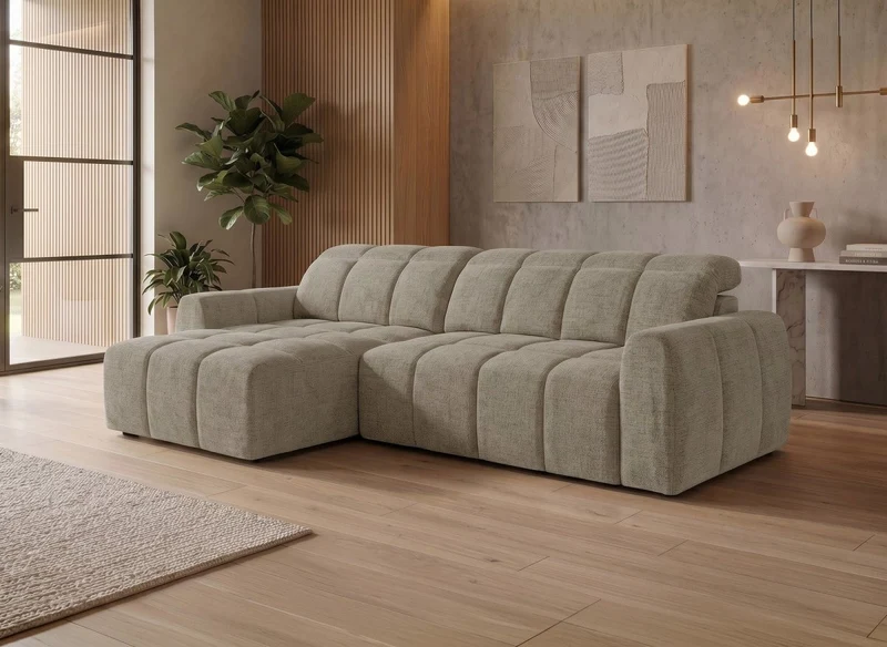 Canapé d'angle relax électrique en velours chiné taupe DANIA -Angle gauche
