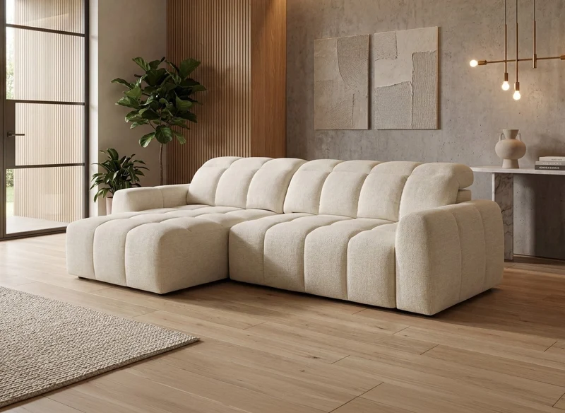 Canapé d'angle relax électrique en velours chiné beige DANIA -Angle gauche
