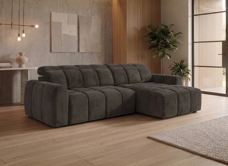 Canapé d'angle relax électrique en velours chiné marron DANIA -Angle droit