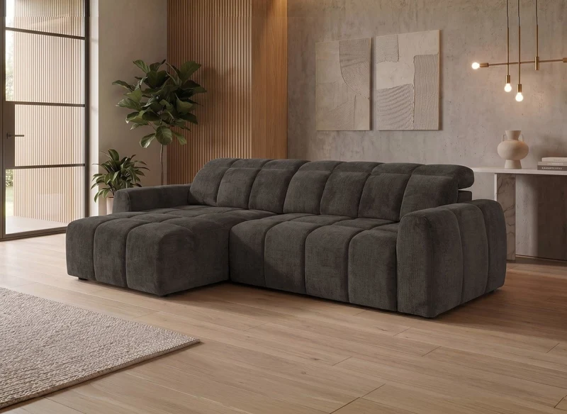 Canapé d'angle relax électrique en velours chiné marron DANIA -Angle gauche