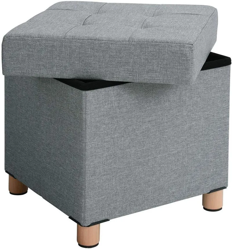 Pouf coffre de rangement pliable 38 x 38 x 40 cm pratique et gain de place style moderne en imitation lin gris clair 12_0008947