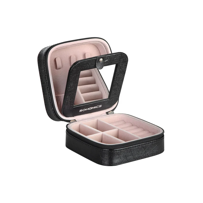 Boîte à bijoux compacte pour voyage 11 x 11 x 6 cm pratique rangement accessoires en simili cuir noir 12_0008073