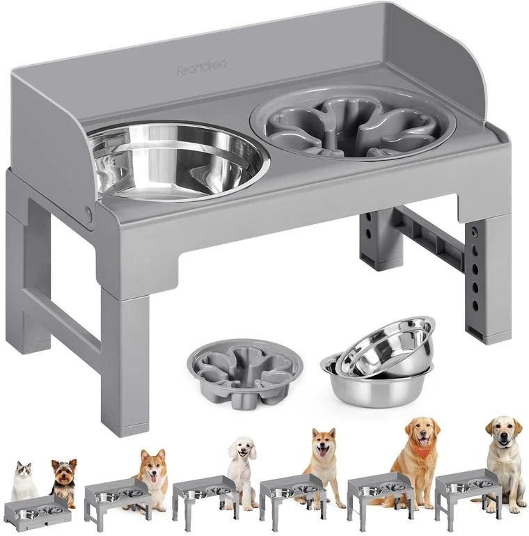 Lot de 2 gamelles surélevées ajustables en hauteur inclinables 30 x 20 x 15 cm design moderne en acier inoxydable gris 12_0013038