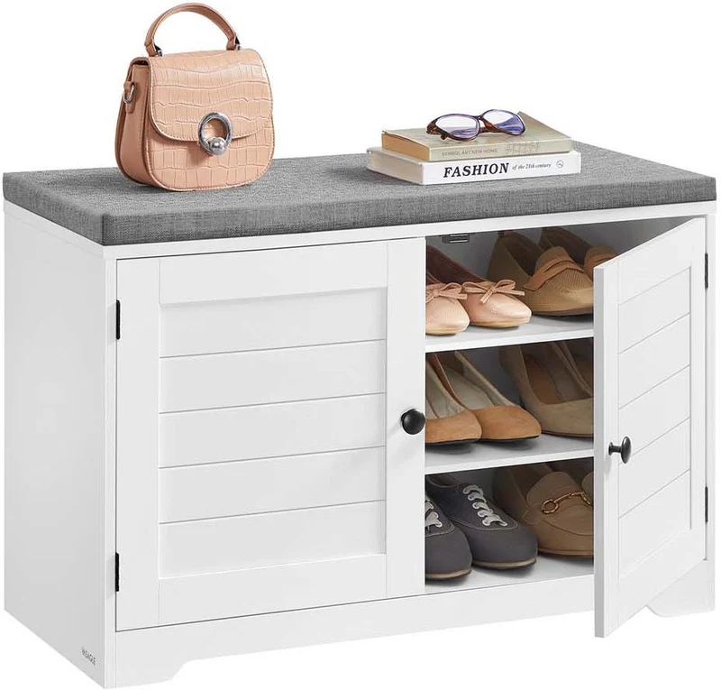 Banc à chaussures de rangement avec coussin 35,5 x 81 x 52,5 cm pour entrée chambre style contemporain en MDF blanc 12_0013026