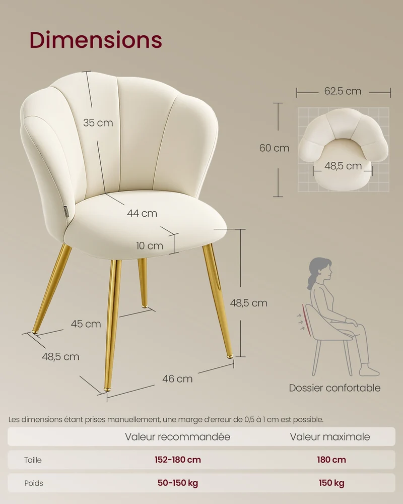 Chaise de salle à manger rembourrée design pétales 62,5 x 60 x 80 cm ambiance cosy en velours blanc crème 12_0012179