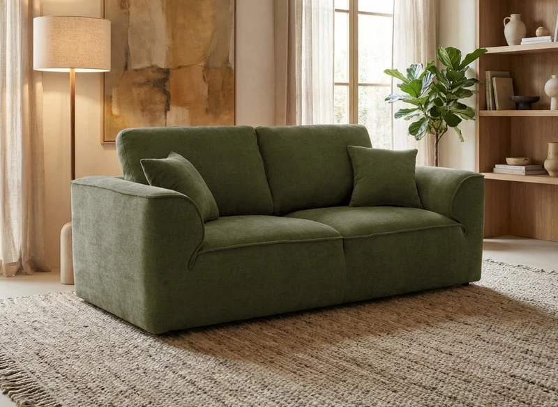 Canapé droit 3 places en velours chiné vert olive ABELIA