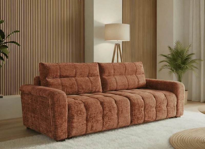 Canapé convertible avec coffre 3 places en velours chiné terracotta RALYA