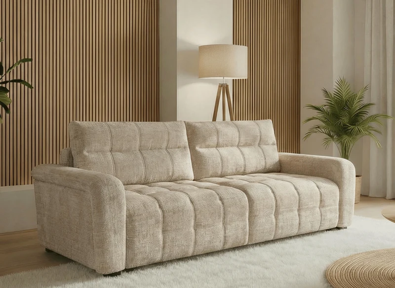 Canapé convertible avec coffre 3 places en velours chiné beige RALYA