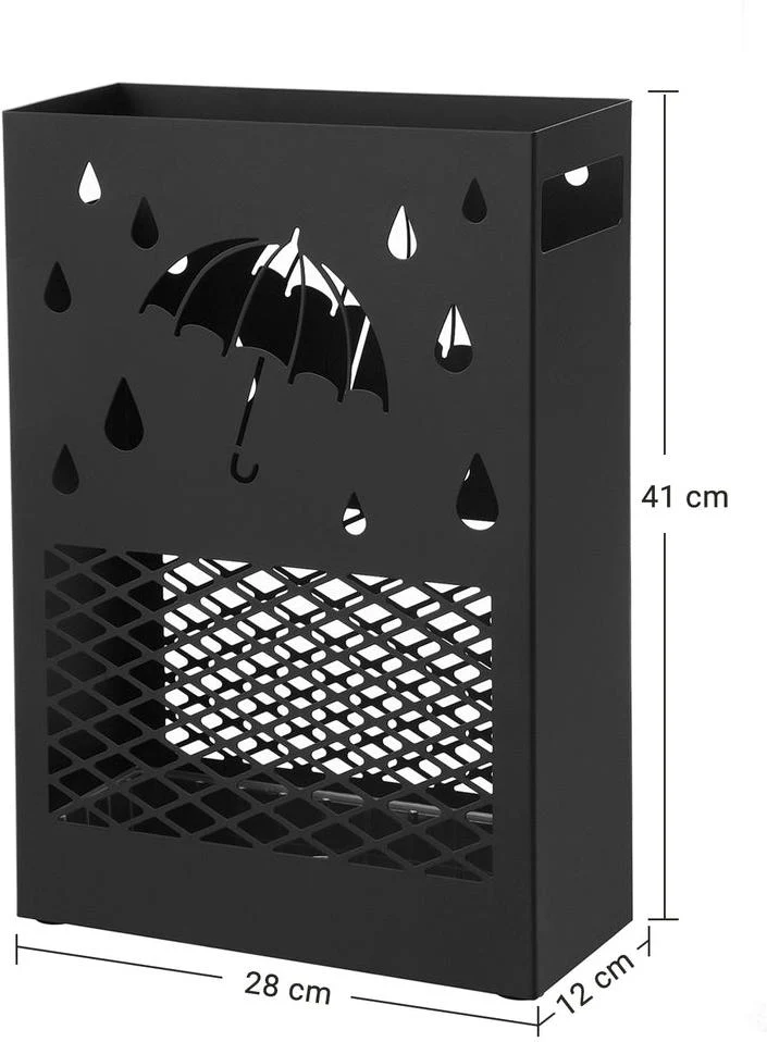 Porte-parapluies rectangulaire avec réceptacle d'eau amovible 28 x 12 x 41 cm pour entrée bureau style moderne en acier noir 12_0011054