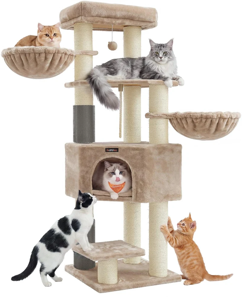 Arbre à chat grand et stable avec niches hamacs poteaux à griffer 50 x 50 x 160 cm en plastique beige clair 12_0010286