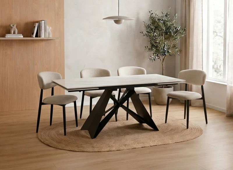 Table à manger extensible en métal noir avec plateau en céramique blanc 160-240 cm HELSINKI