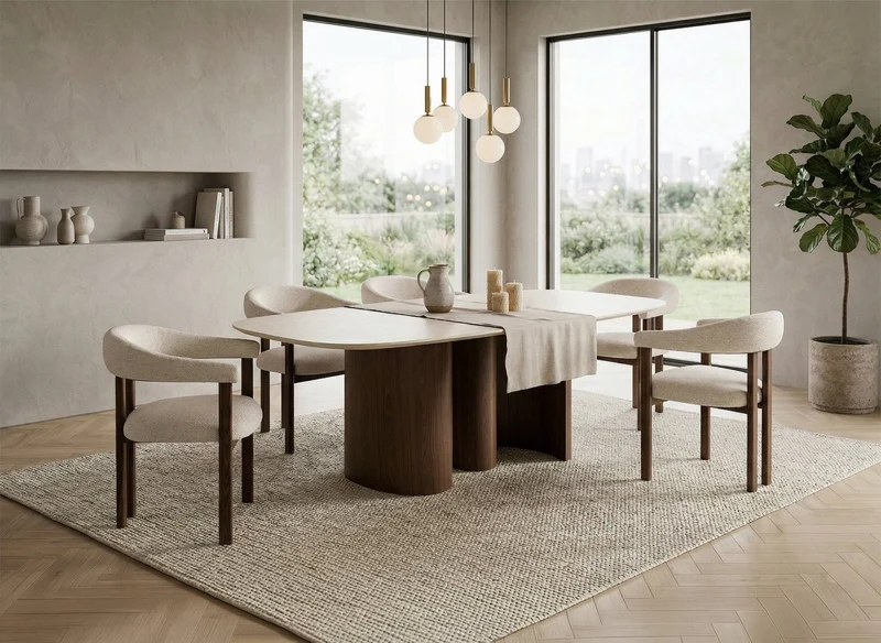 Table à manger en céramique beige pieds effet bois 10 personnes 220cm NAYA