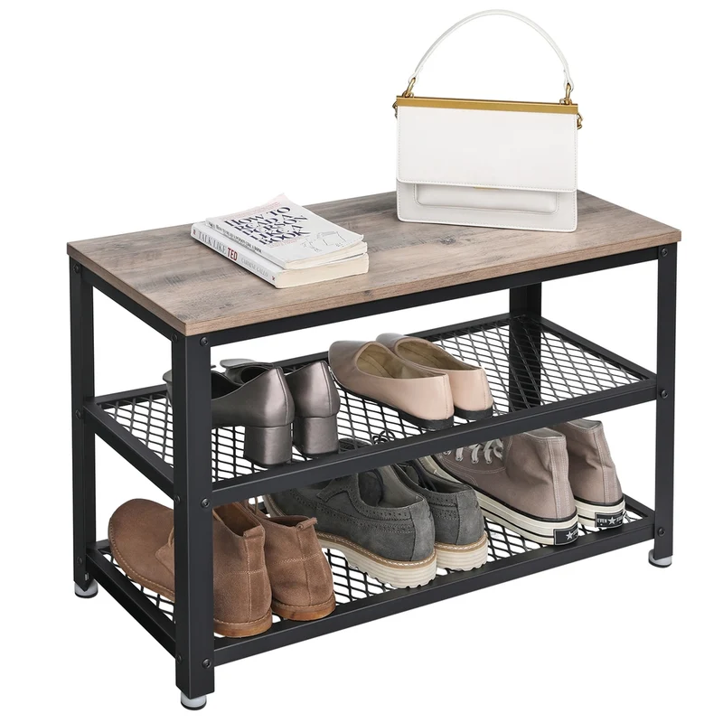 Banc à chaussures style industriel avec 2 étagères pour 6 à 8 paires 73 x 30 x 45 cm en aggloméré noir 12_0008577
