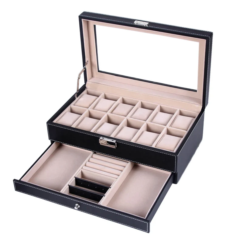Boîte à montre design moderne 32,5 x 19,5 x 11,5 cm pour 12 montres compartiments bijoux en PU noir 12_0008574