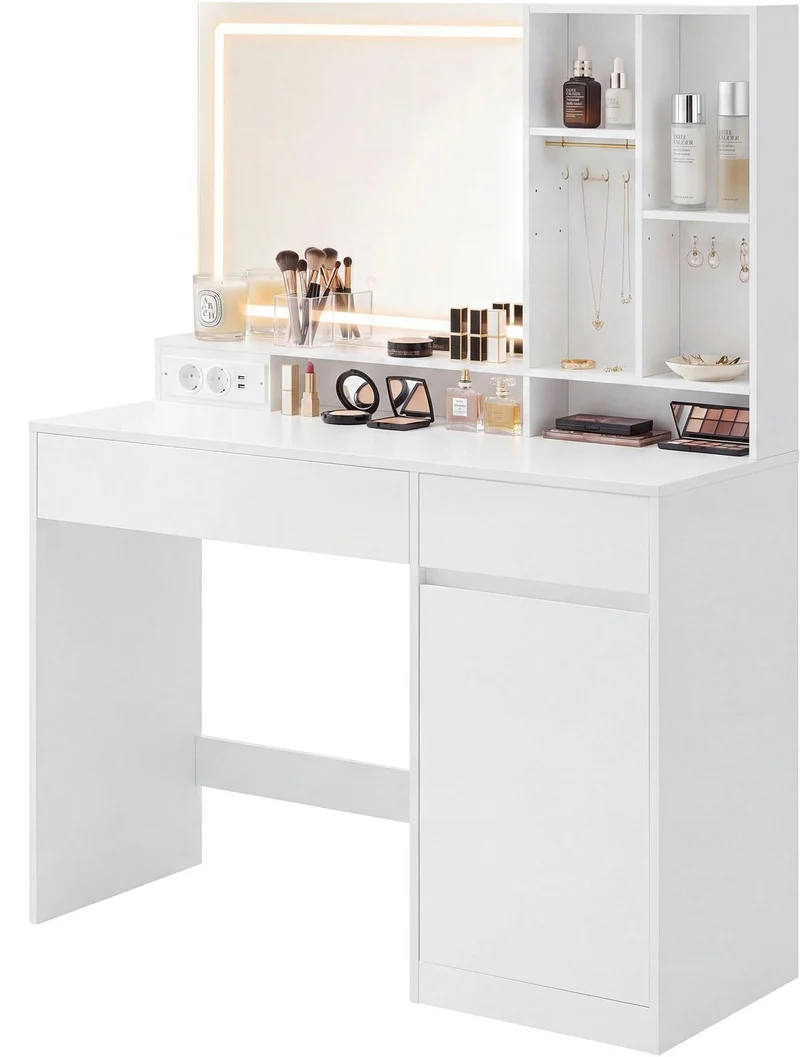 Coiffeuse moderne avec miroir lumineux rangement bijoux 40 x 110 x 138 cm en MDF blanc nuage 12_0013203