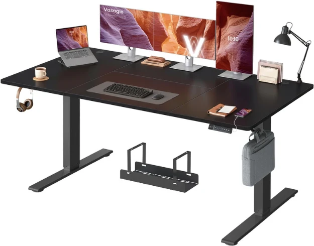 Bureau électrique réglable en hauteur 180 x 80 cm fonction mémoire 3 hauteurs avec port USB-C style contemporain en panneau d'aggloméré noir 12_0013048
