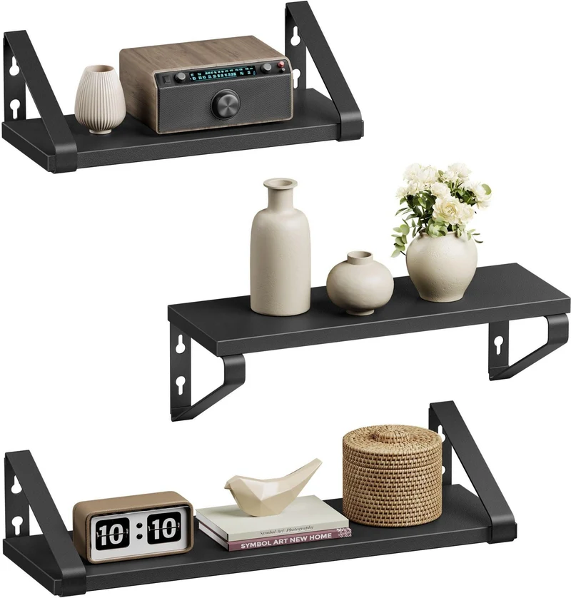 Lot de 3 étagères murales flottantes 30 x 12 x 11 cm 35 x 12 x 11 cm 40 x 12 x 11 cm fonctionnelles style moderne en aggloméré noir 12_0013043