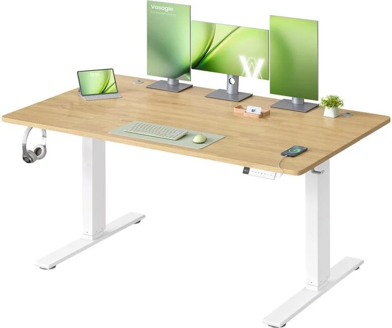 Bureau électrique réglable en hauteur 140 x 80 cm avec port USB-C fonction mémoire 3 hauteurs style rustique en aggloméré chêne naturel 12_0013042