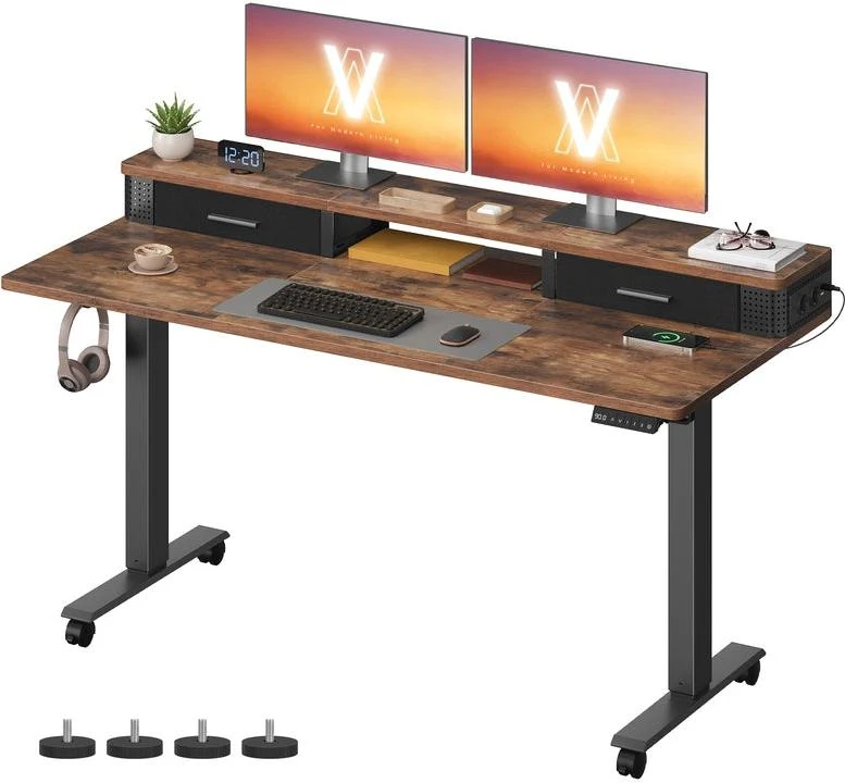 Bureau électrique assis-debout réglable en hauteur 140 x 60 x 120 cm design rustique finition mate en aggloméré marron 12_0011271