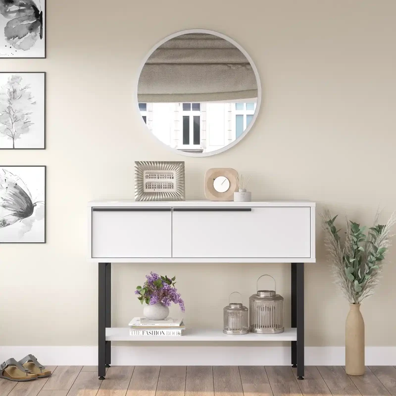 Console CYRIUS blanche avec miroir - Meuble d’entrée moderne avec rangement et miroir inclus