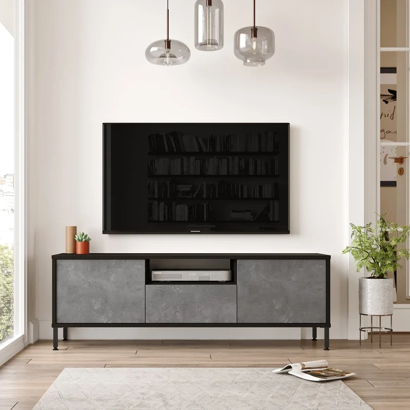 Meuble TV Focus 140 cm - Gris Béton et Noir